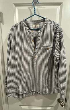 Madda Fella Men's Blue and White Striped Long Sleeve Cotton Grandfather Pullover